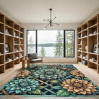 Teal and Gold Botanical Dahlia Lattice Rug