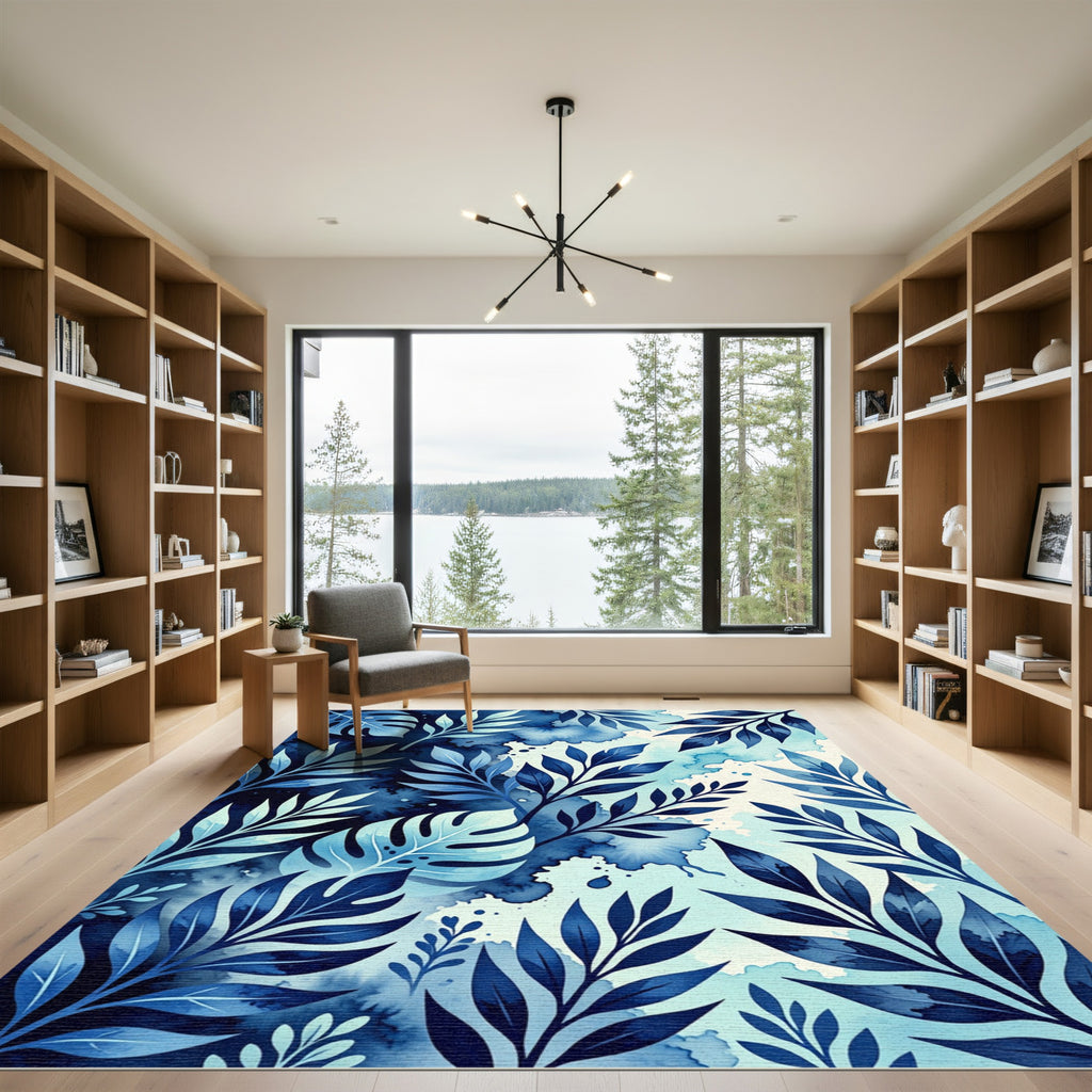Deep Blue Watercolor Tropical Foliage Rug