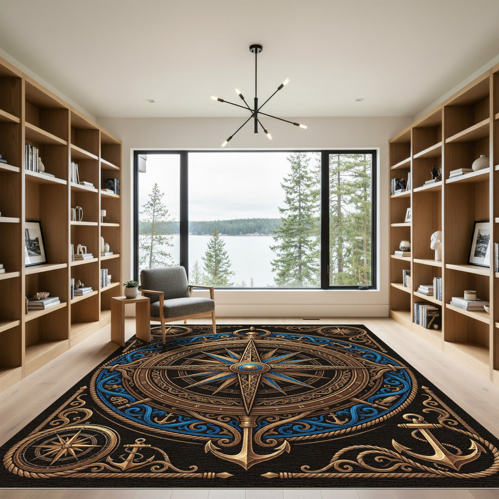 Nautical Golden Compass Navy Blue Medallion Rug
