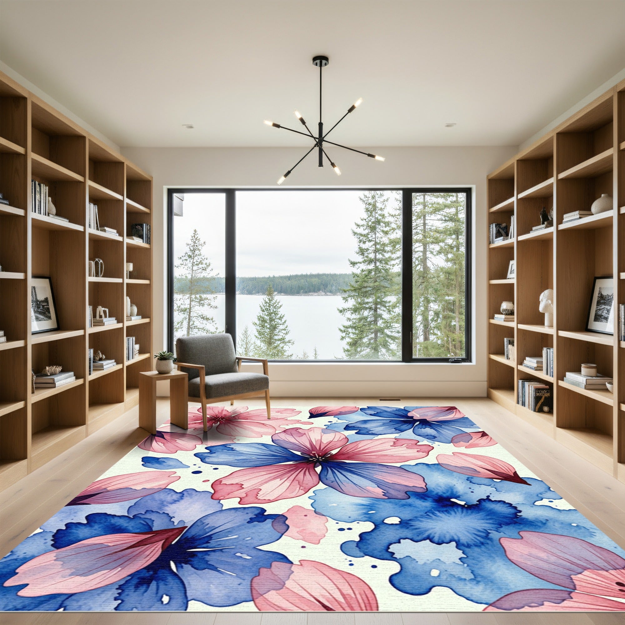 Watercolor Blue and Pink Petal Blossom Rug