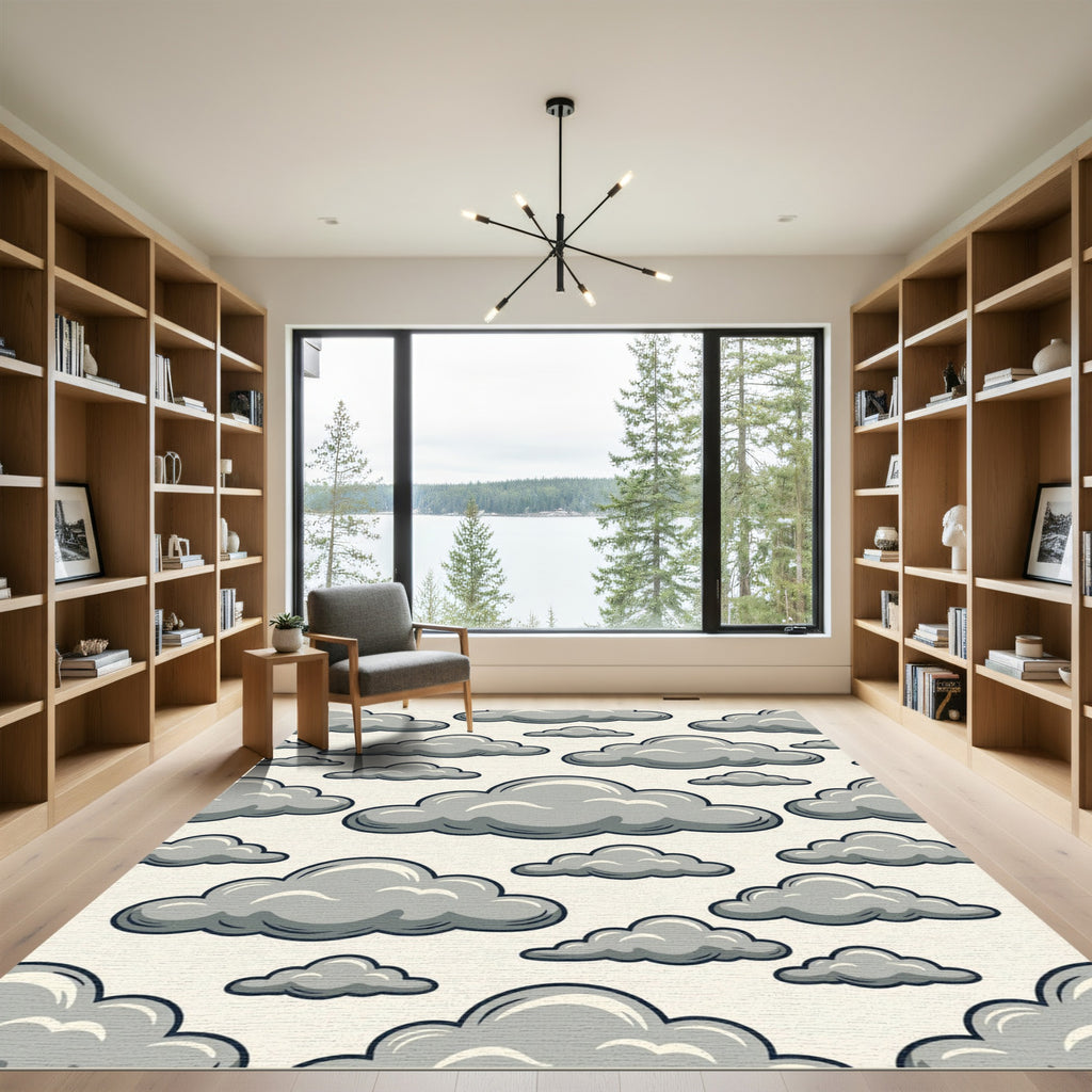 Whimsical Gray Cloudy Sky Illustration Rug