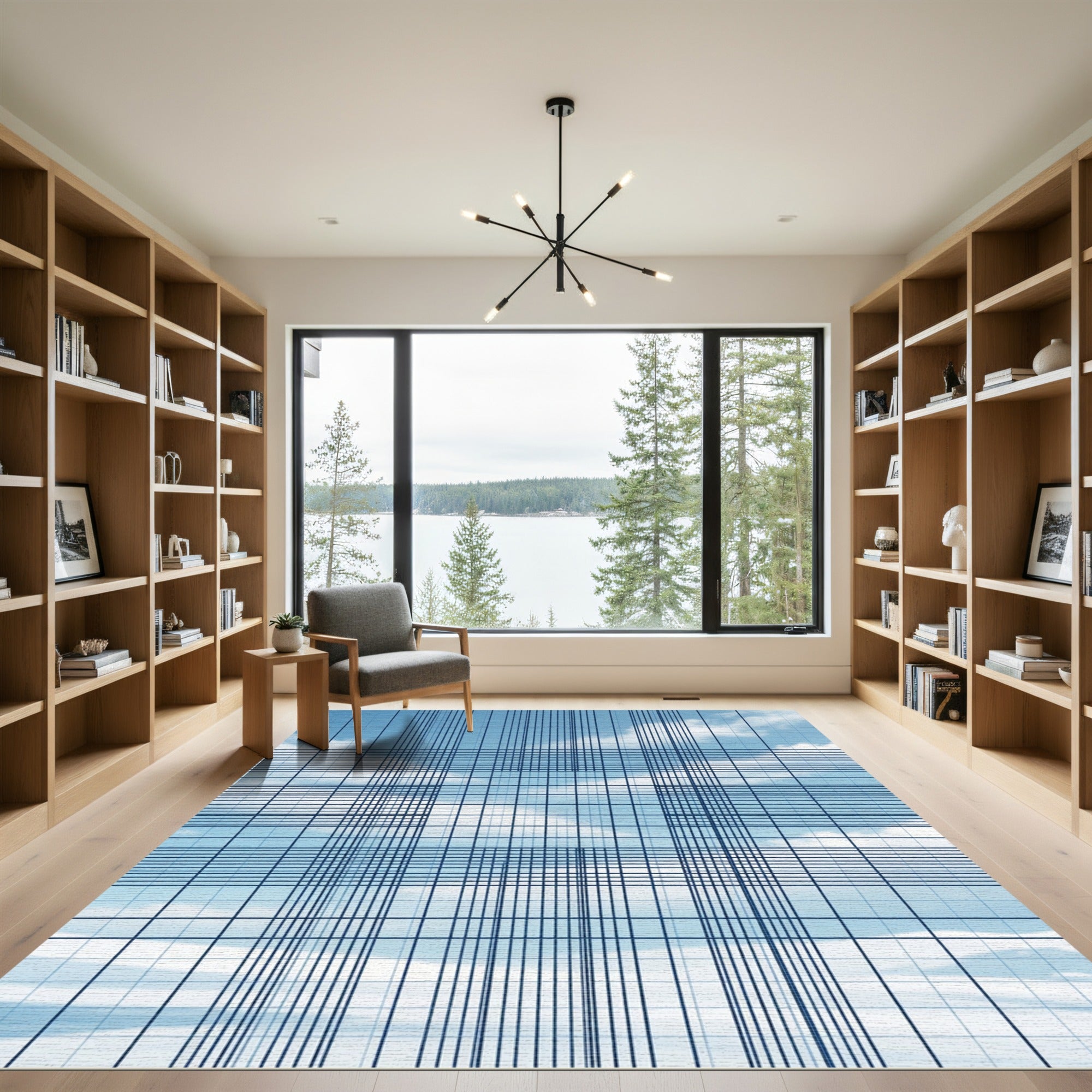 Blue Sky Grid Lines Layered Rug