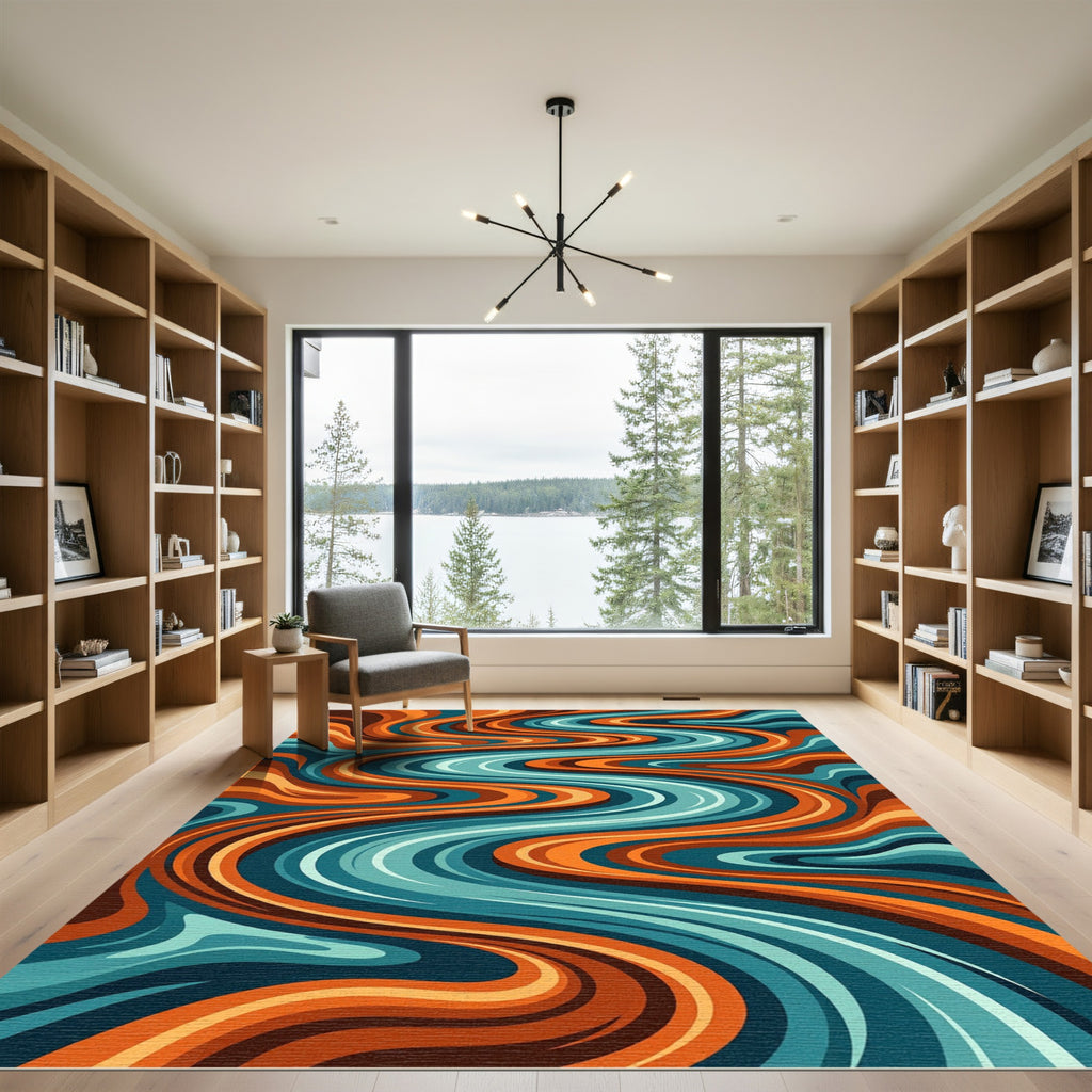 Abstract Liquid Teal and Orange Wave Rug