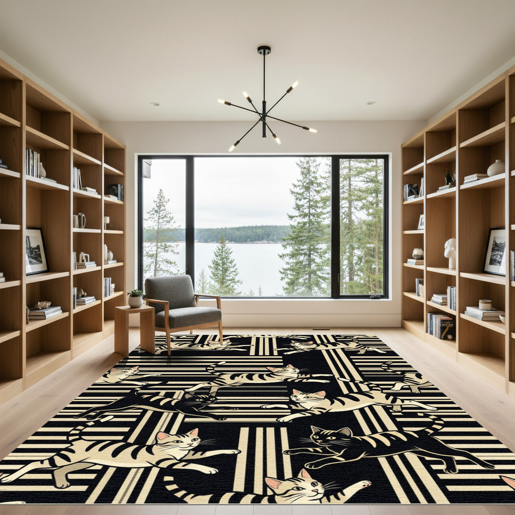 Playful Tabby Cats on Striped Background Rug