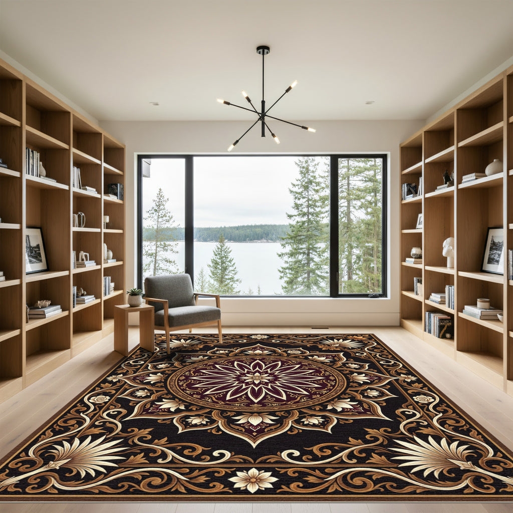 Ornate Dark Chocolate Gold Floral Medallion Rug