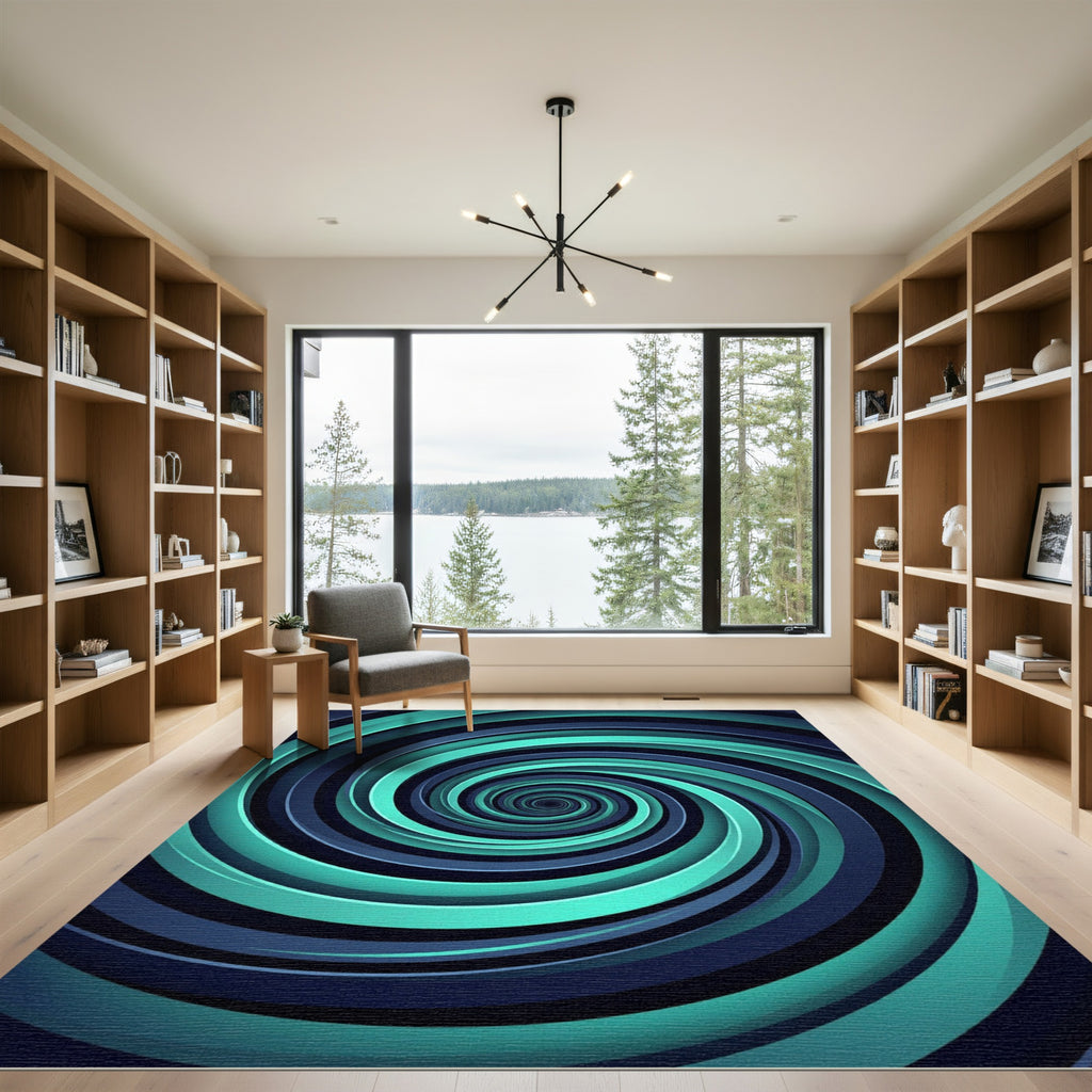 Modern Aqua Teal Deep Blue Swirl Rug