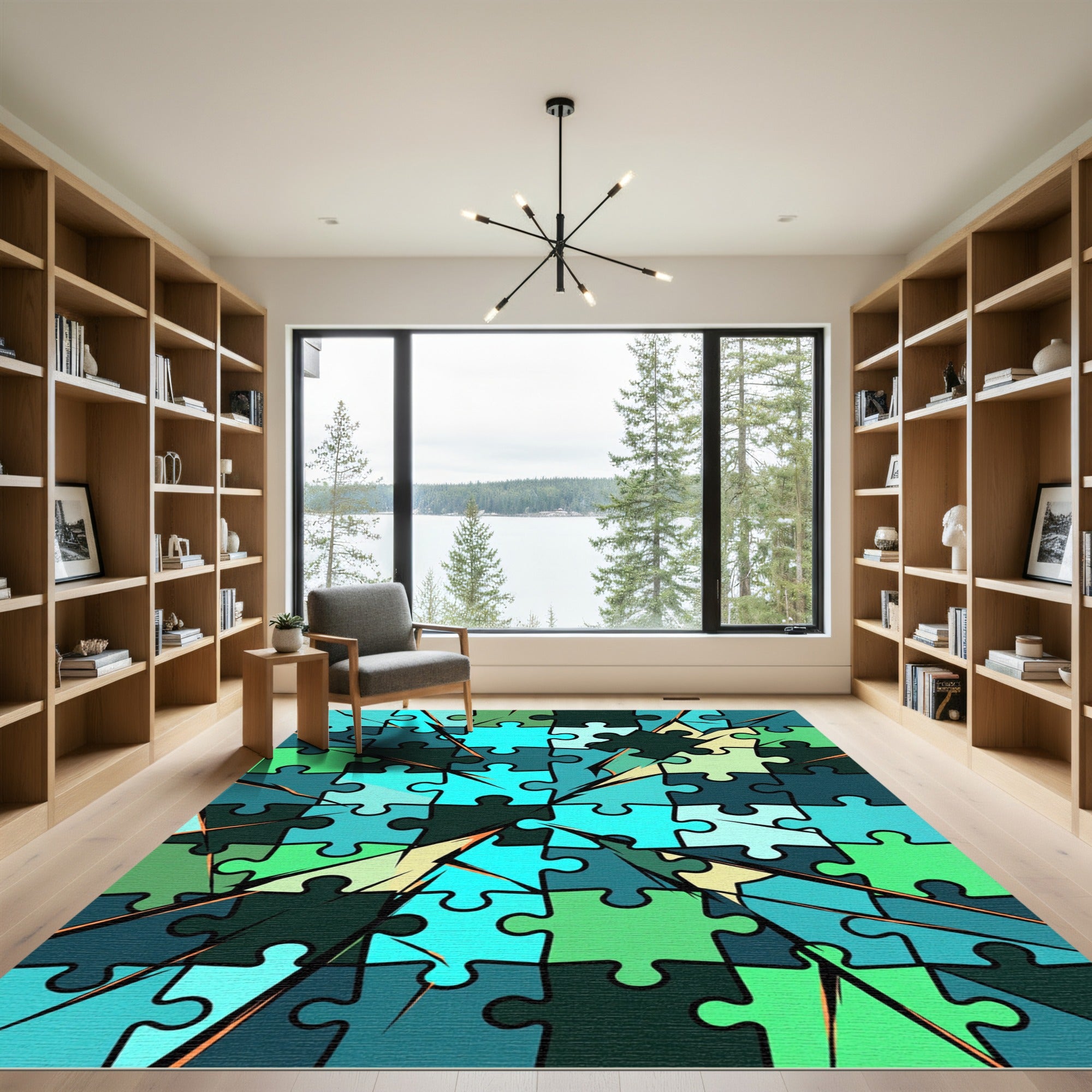 Geometric Teal Abstract Jigsaw Mosaic Rug