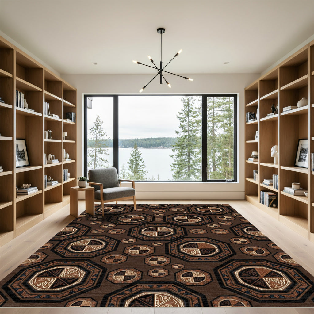 Earthy Brown Geometric Octagon Medallion Rug