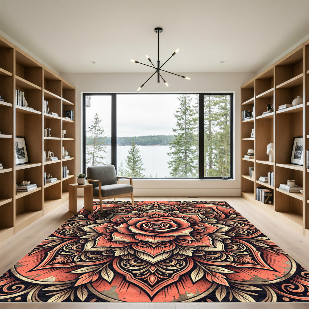 Coral Rose Floral Ornate Symmetry Rug