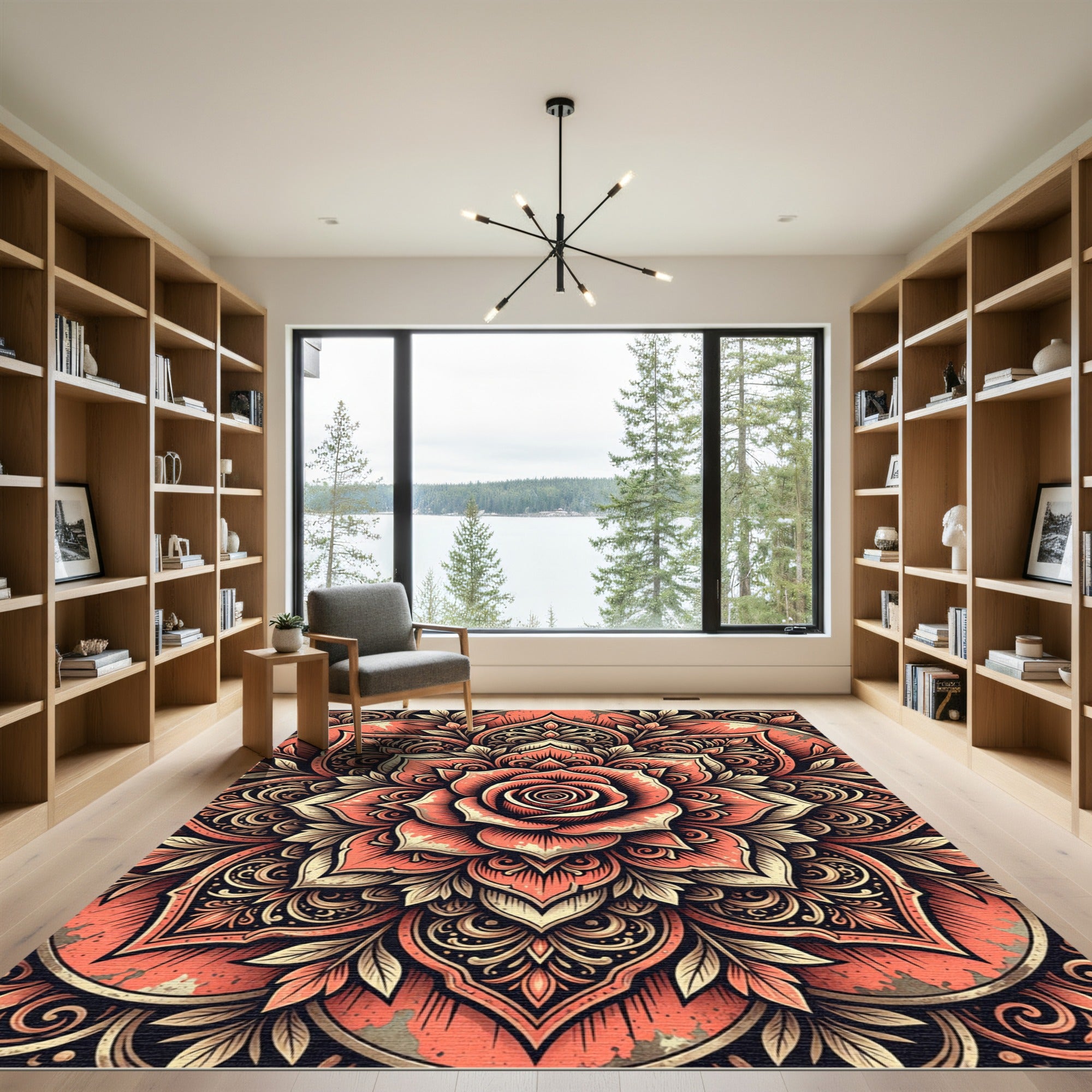 Coral Rose Floral Ornate Symmetry Rug