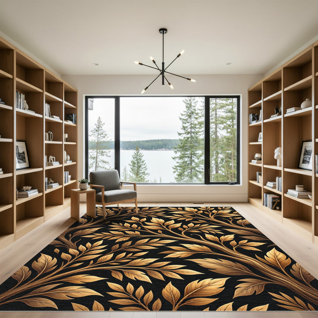 Gilded Foliage Branches on Black Background Rug