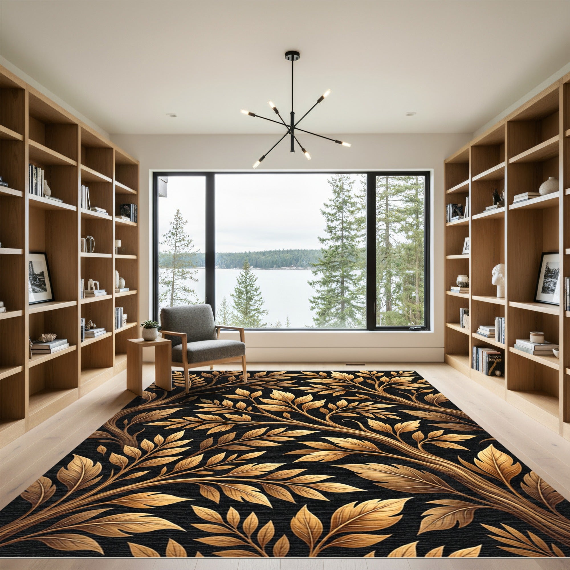 Gilded Foliage Branches on Black Background Rug