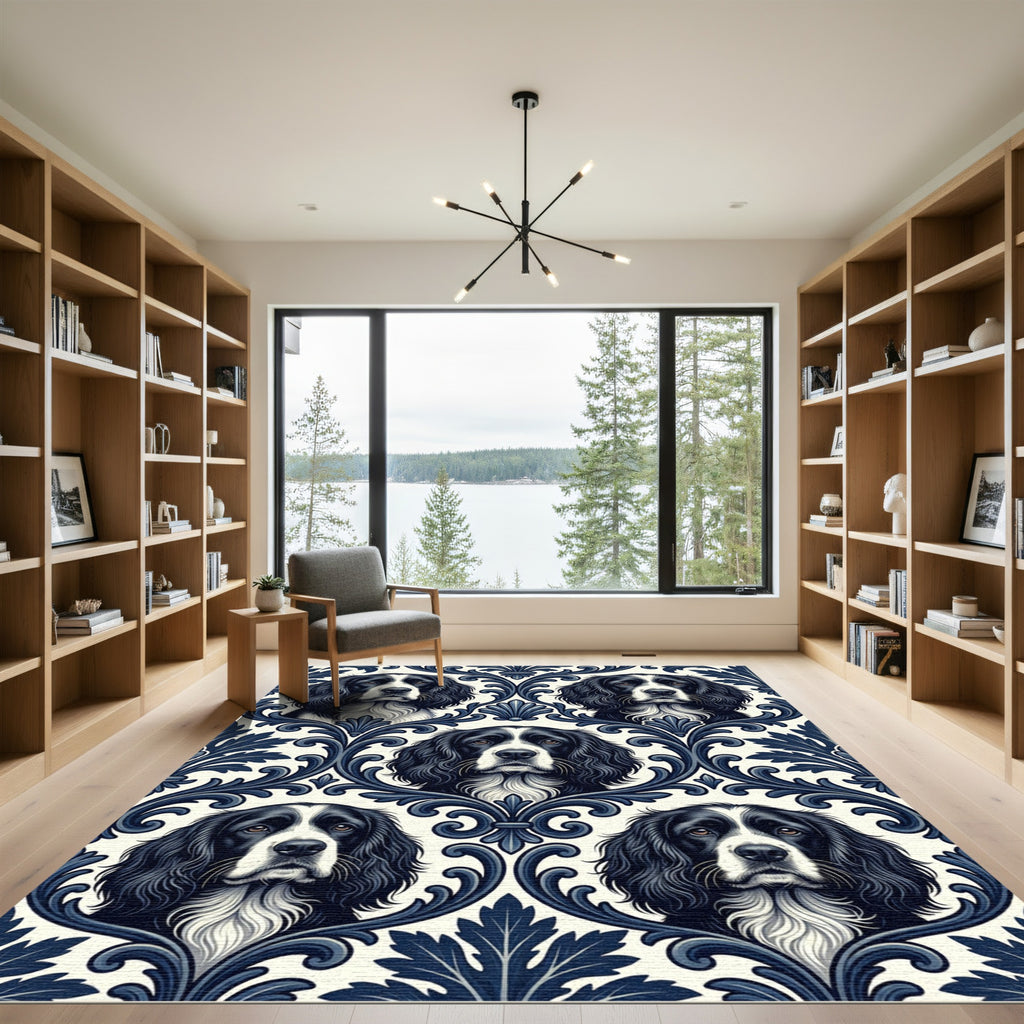 Navy Spaniel Damask Victorian Scroll Rug