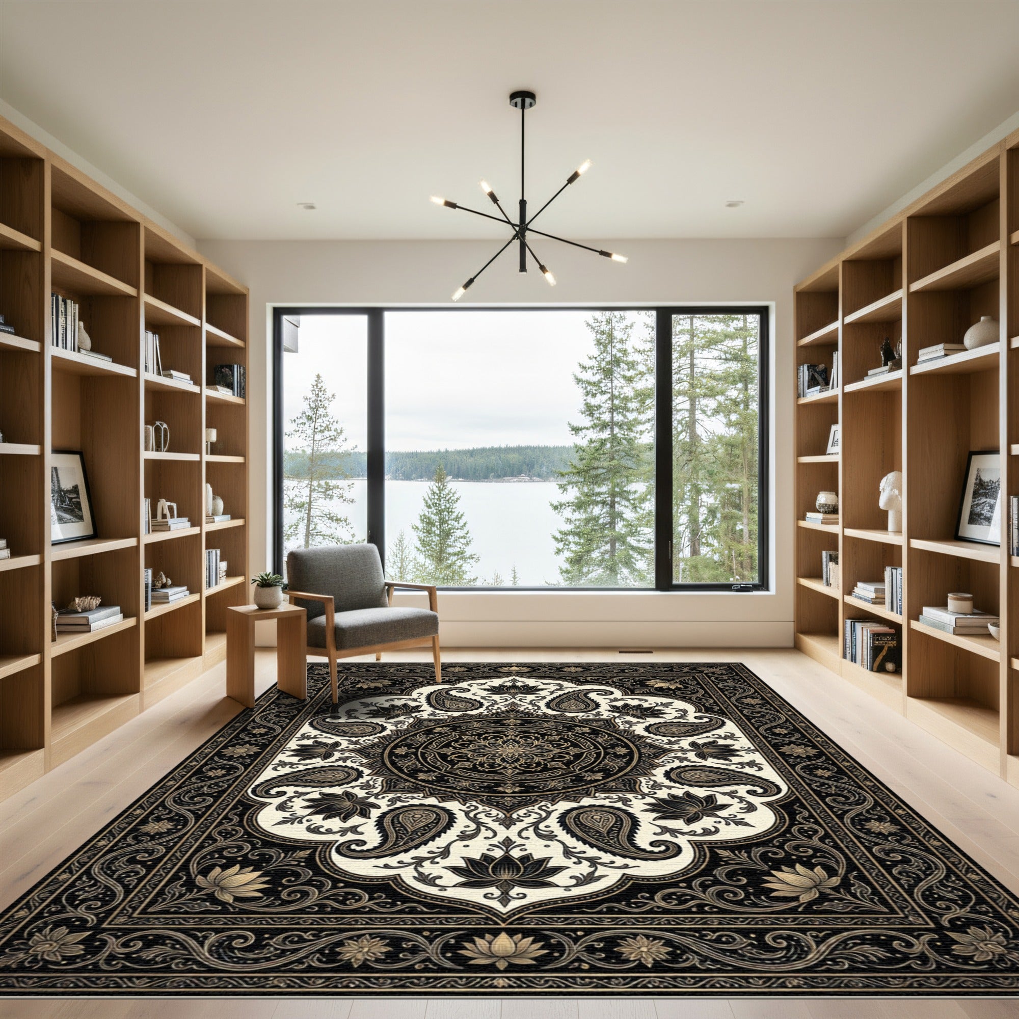 Opulent Black and Gold Paisley Medallion Rug