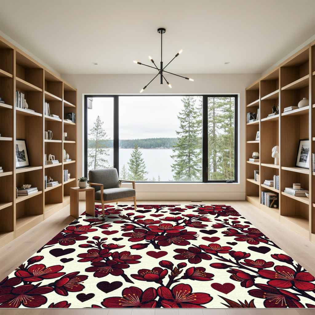 Deep Red Blossom Hearts Pattern Rug