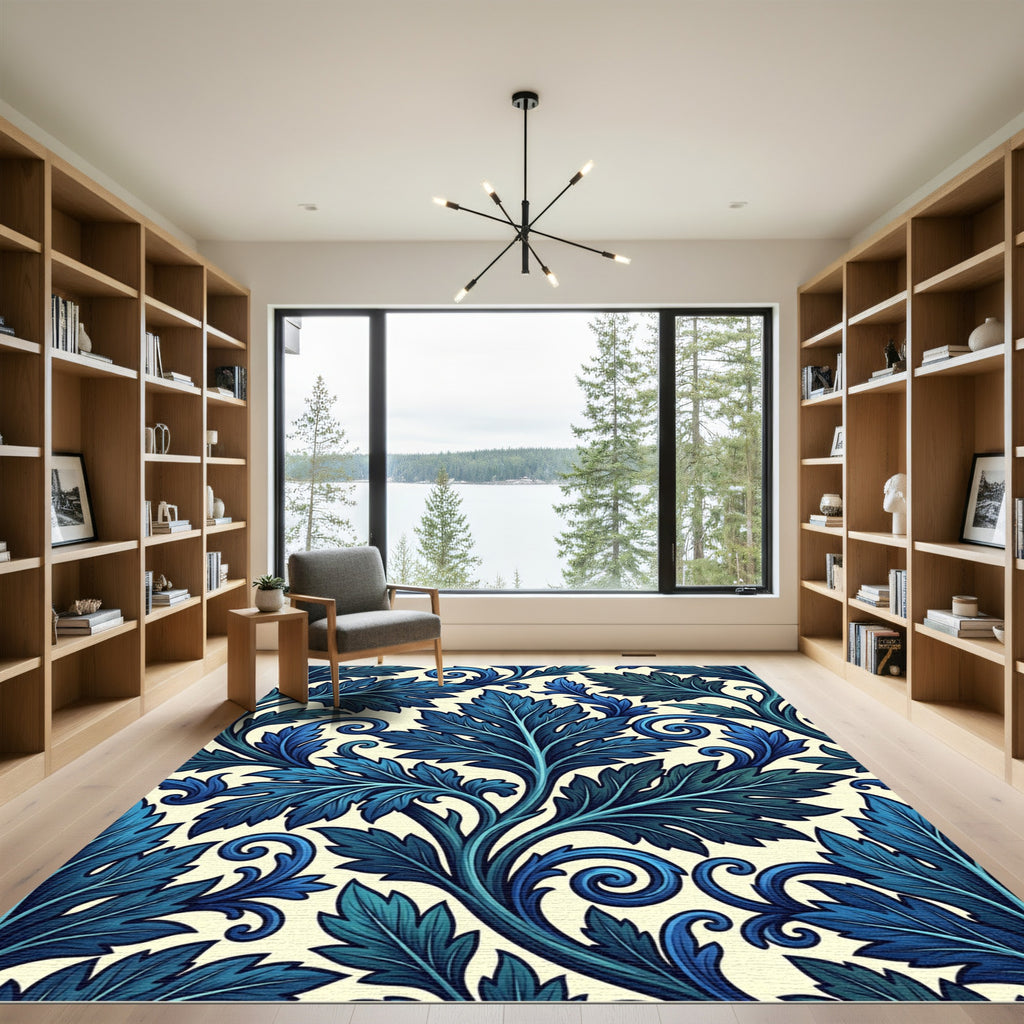 Deep Blue Leaf Scroll Accent Rug