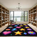 Vibrant Neon Retro Pixel Icon Art Rug