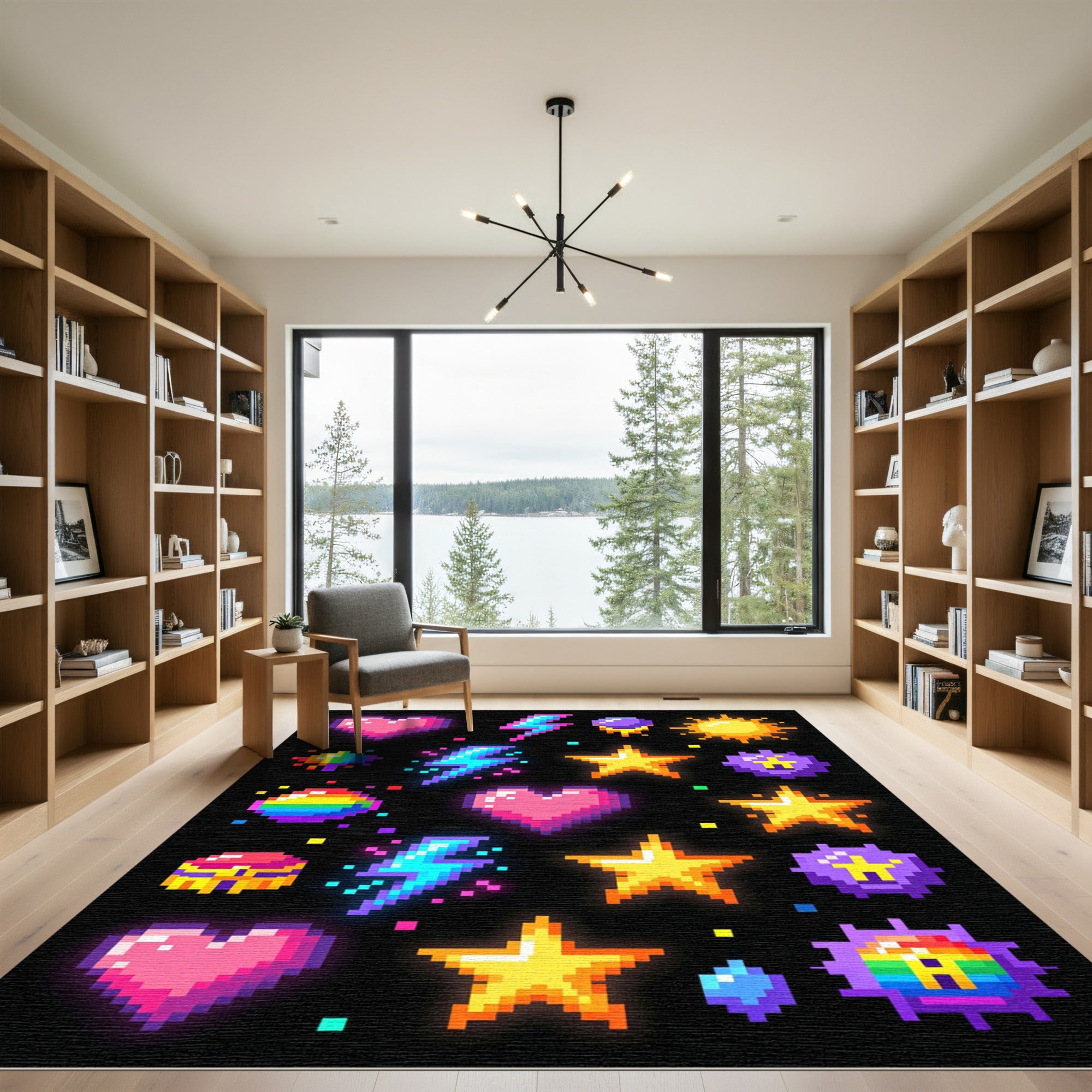 Vibrant Neon Retro Pixel Icon Art Rug