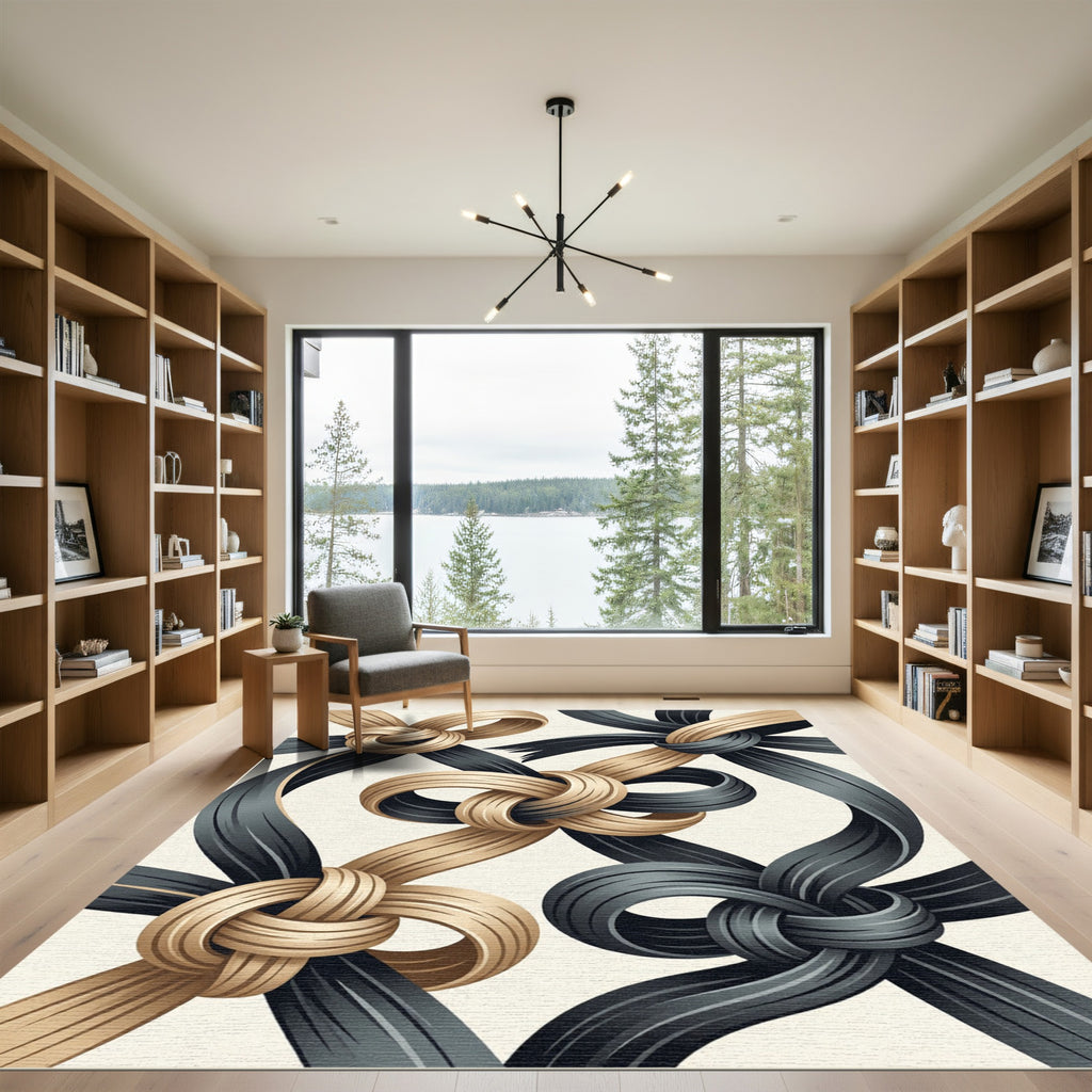 Elegant Gold and Charcoal Intertwined Ribbon Rug