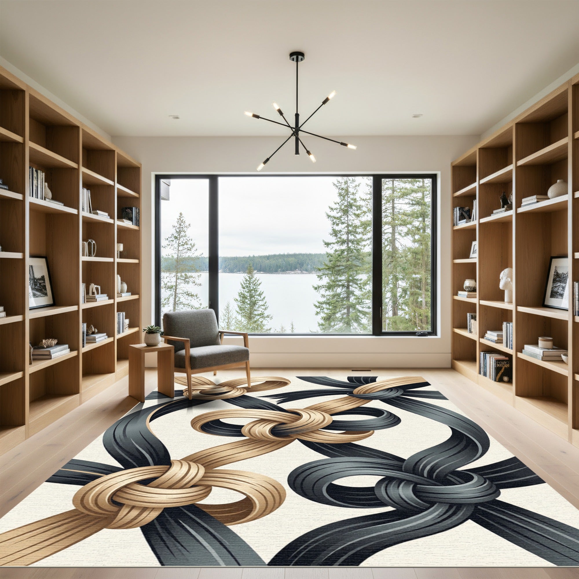 Elegant Gold and Charcoal Intertwined Ribbon Rug