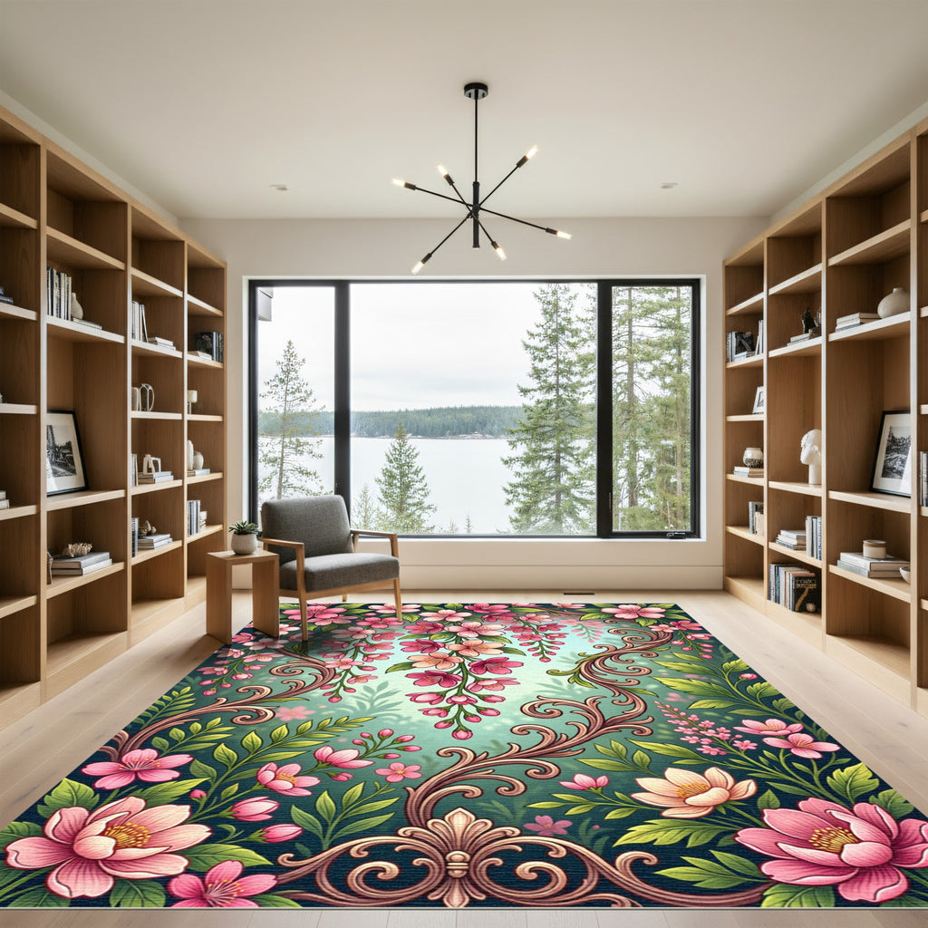 Pink Cherry Blossom Scroll Flourish Rug