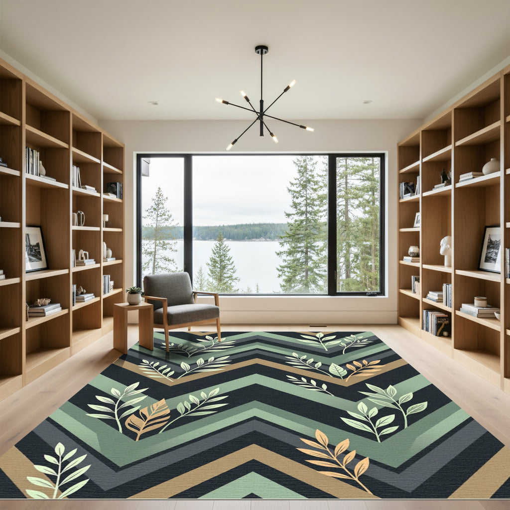 Earthy Chevron Foliage Botanical Art Rug