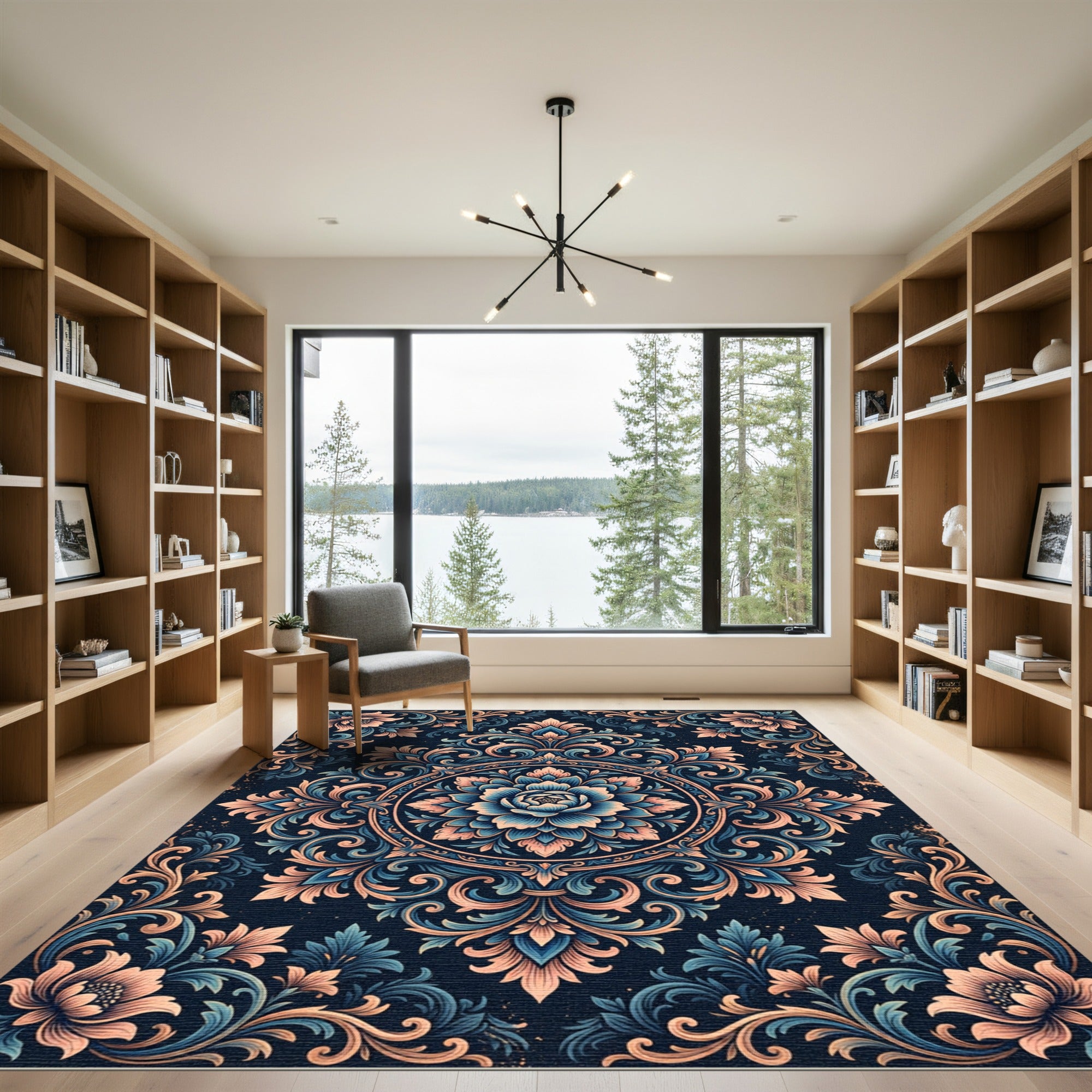 Elegant Navy Blush Floral Damask Rug