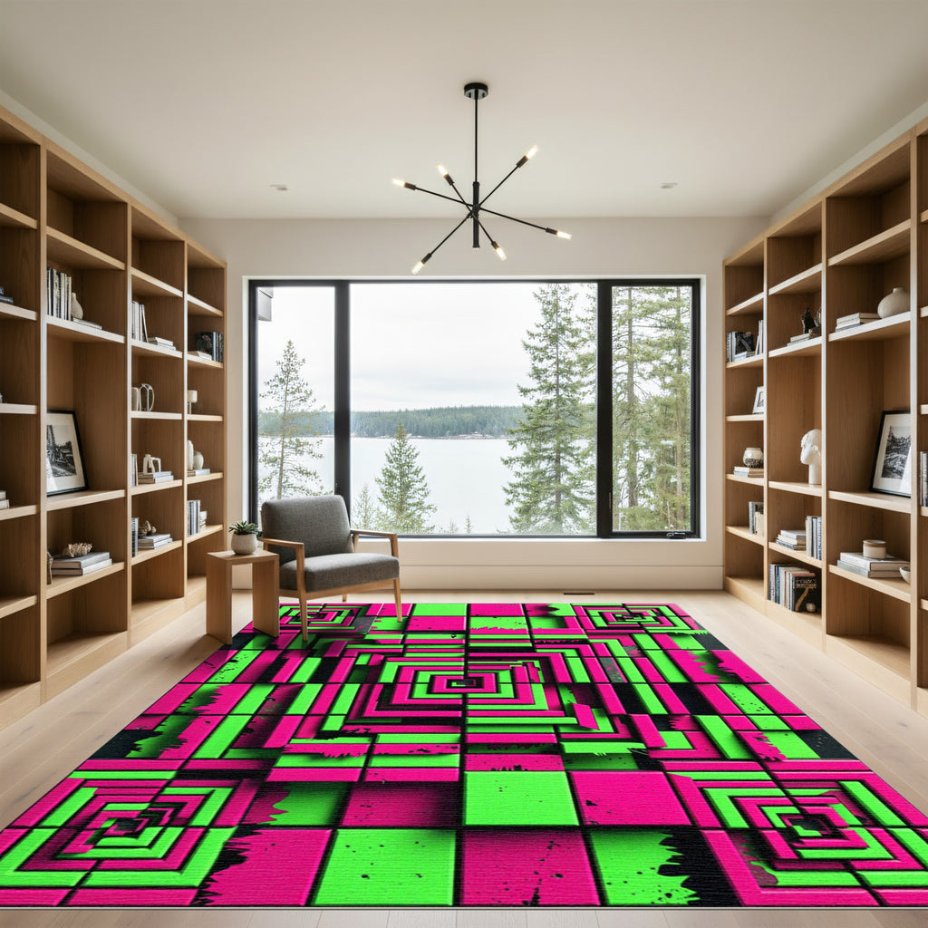 Neon Magenta and Lime Geometric Grid Rug