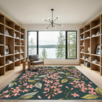 Ethereal Pink Blossom Dark Teal Botanical Rug