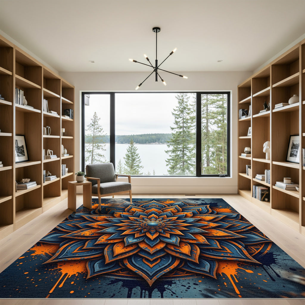 Orange Blue Floral Mandala Splash Rug