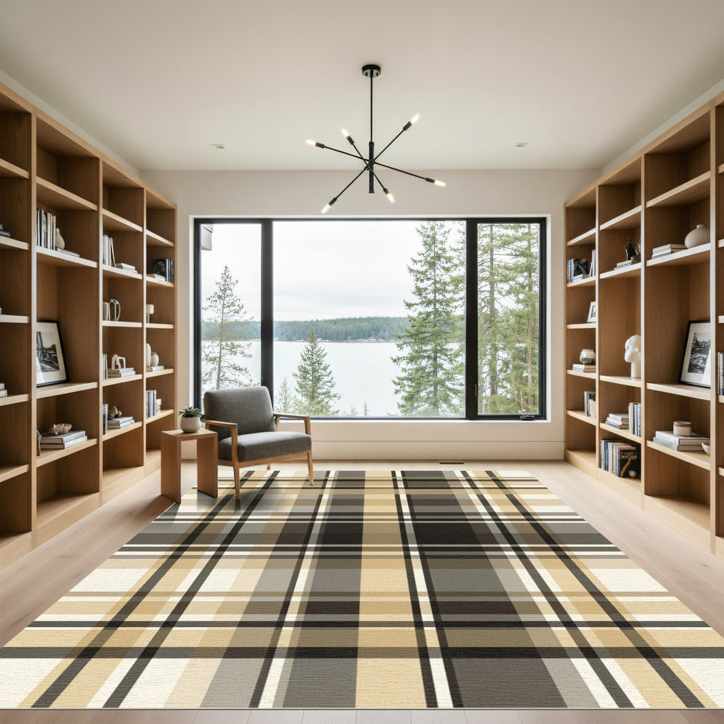 Modern Beige and Charcoal Plaid Grid Rug