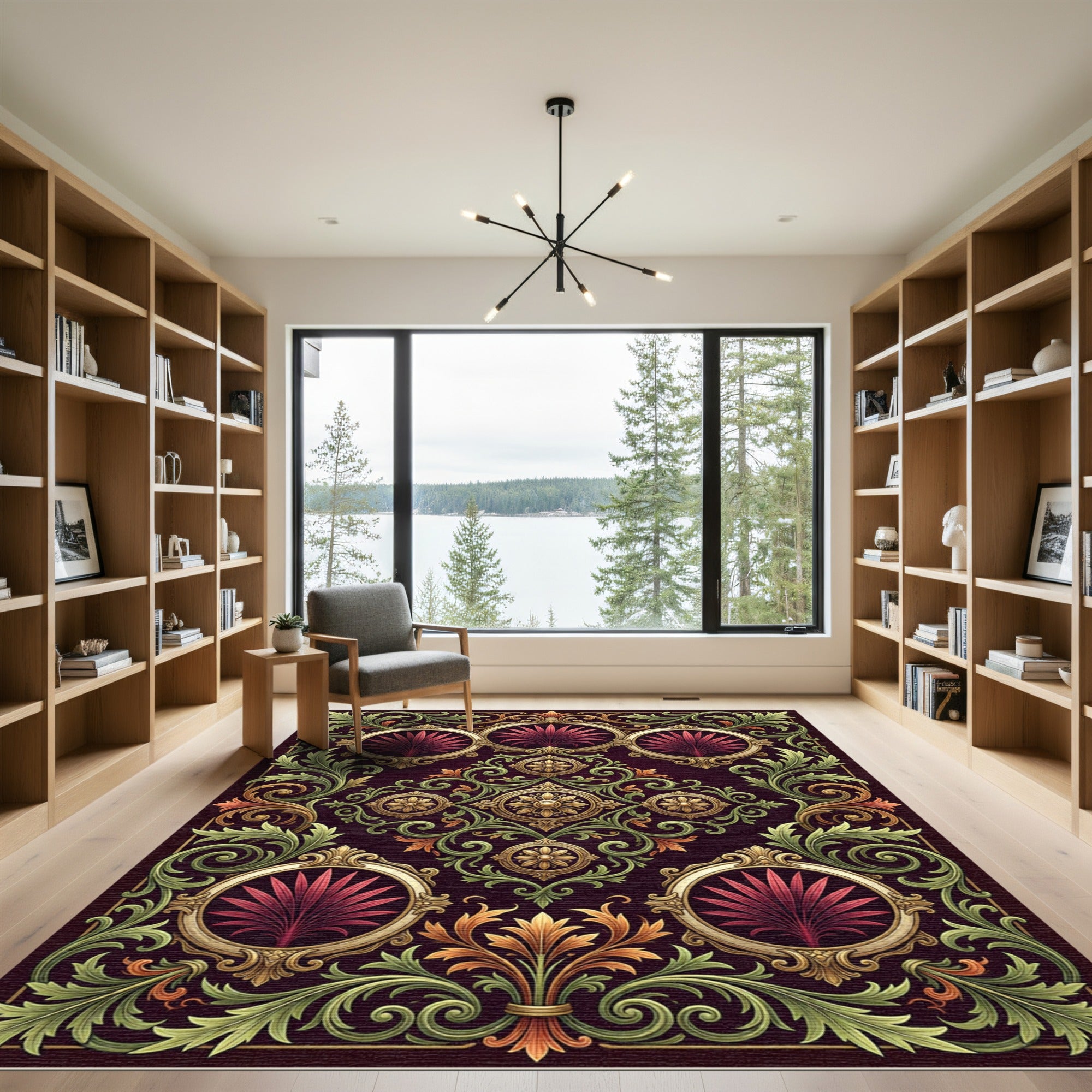 Plum Green Gold Filigree Floral Medallion Rug