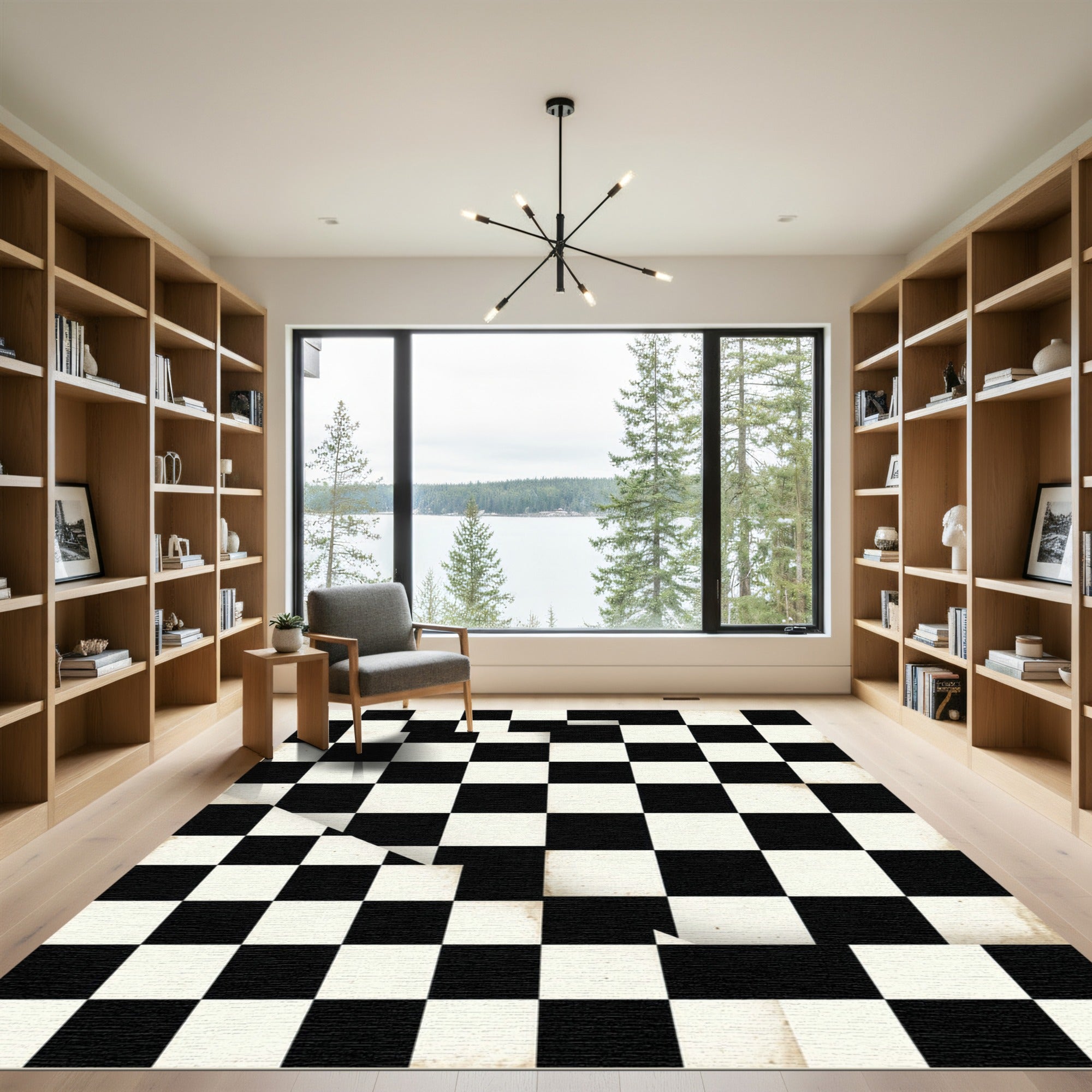 Classic Monochrome Checked Distressed Tile Rug