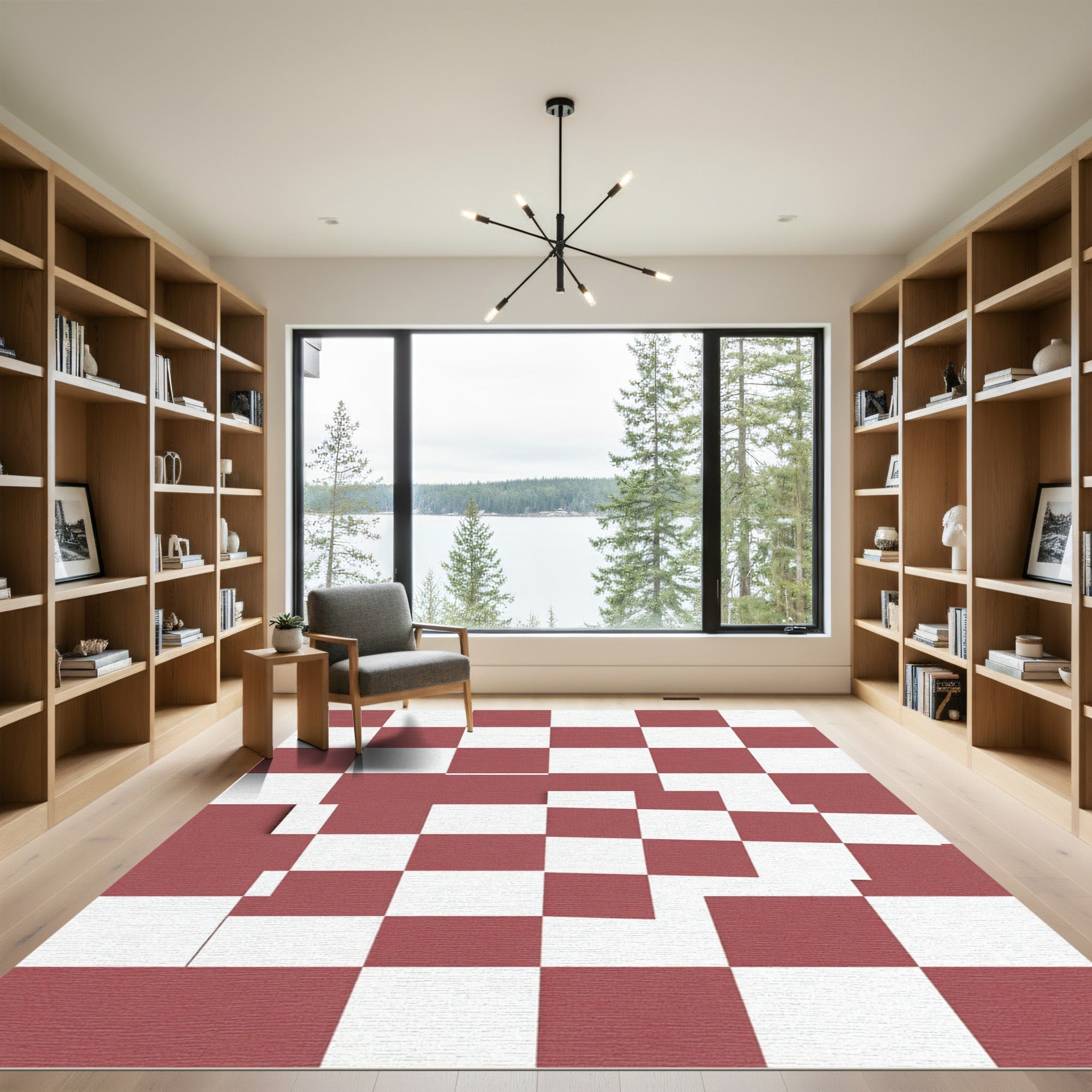 Distorted Crimson and White Checkerboard Rug