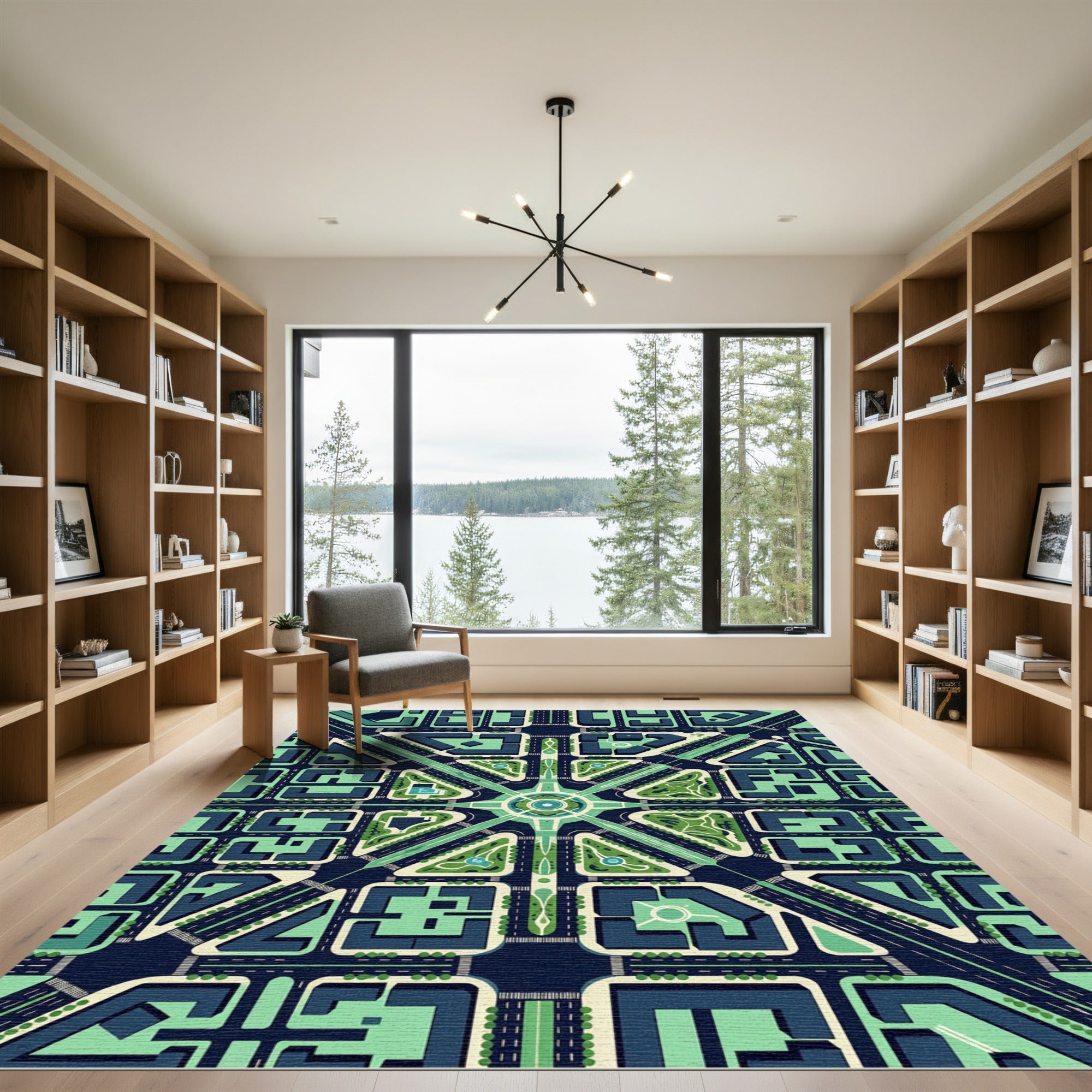 Modern Geometric Midnight Teal Urban Grid Rug