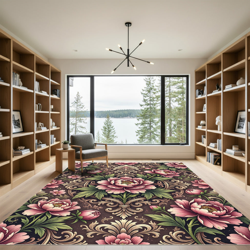 Elegant Pink Peony Damask Scroll Rug
