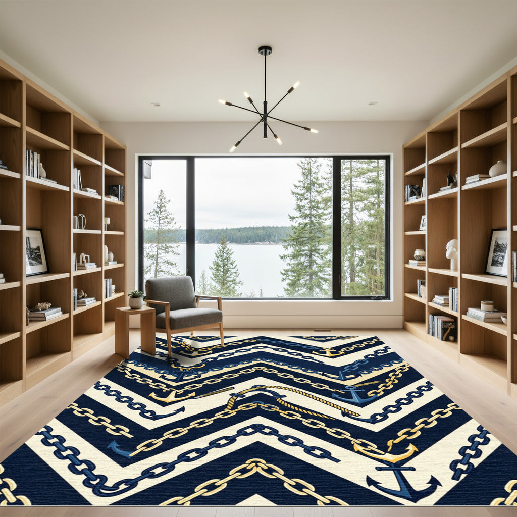 Navy Gold Nautical Chevron Chain Anchor Rug
