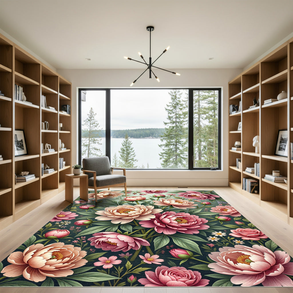 Botanical Peony Bloom Watercolor Garden Rug