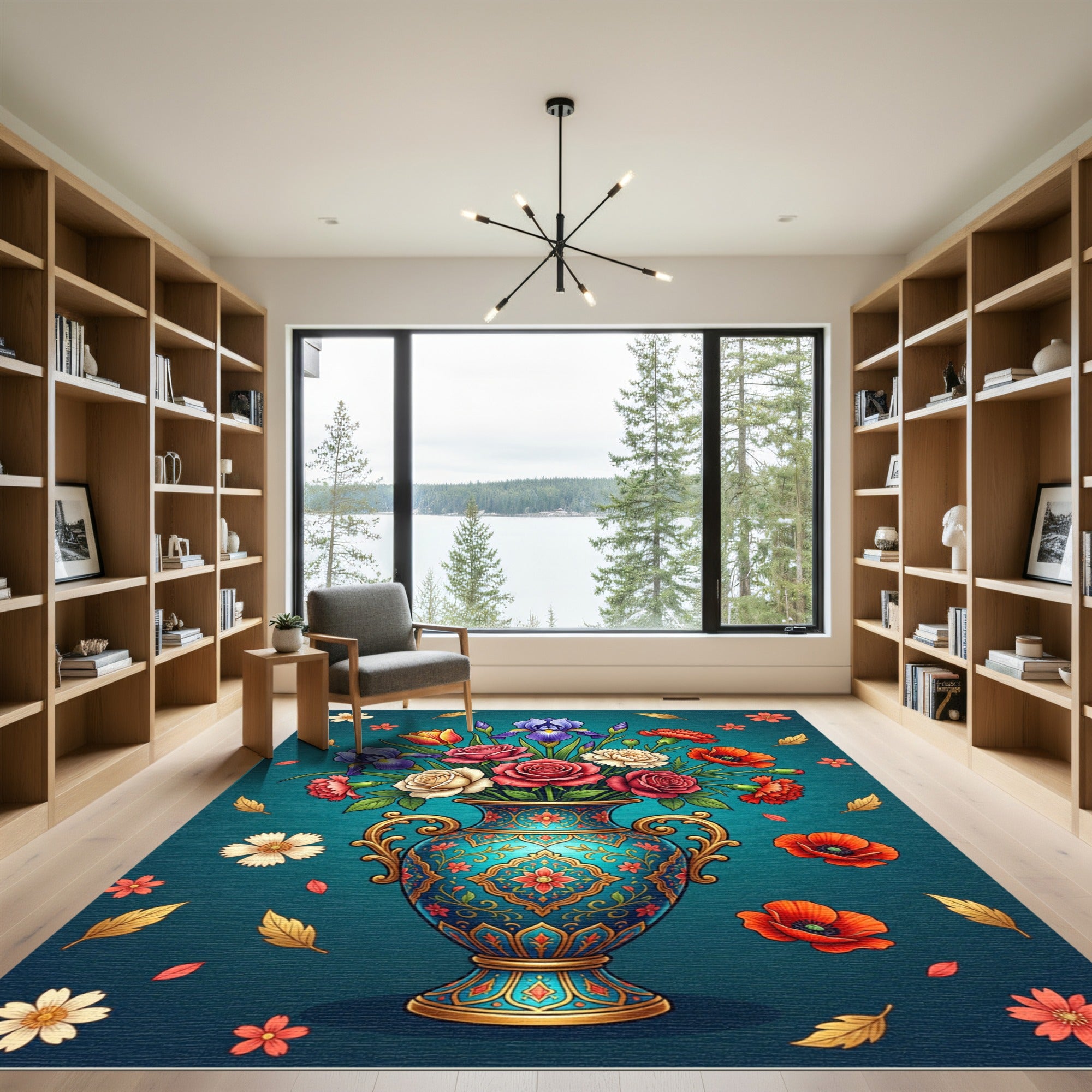 Turquoise Floral Vase with Roses and Irises Rug