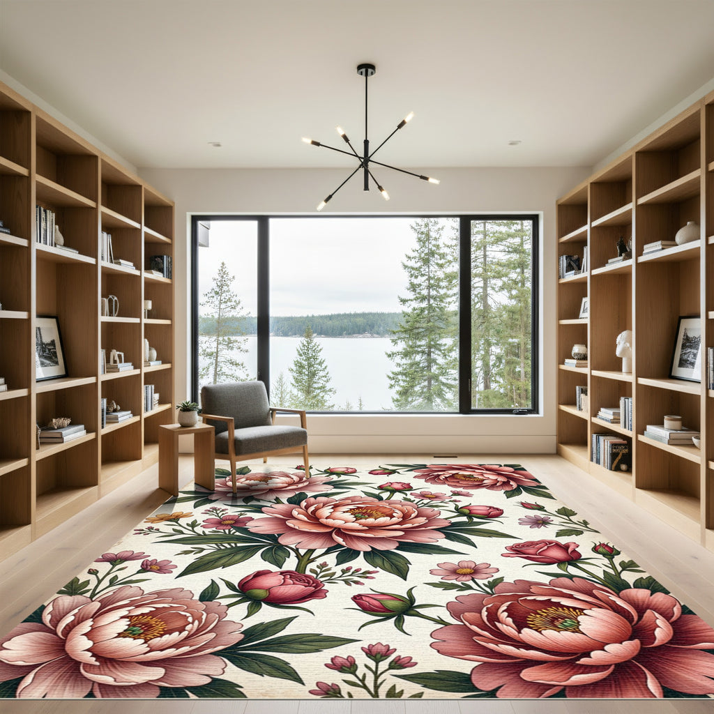 Elegant Blush Peony Botanical Illustration Rug