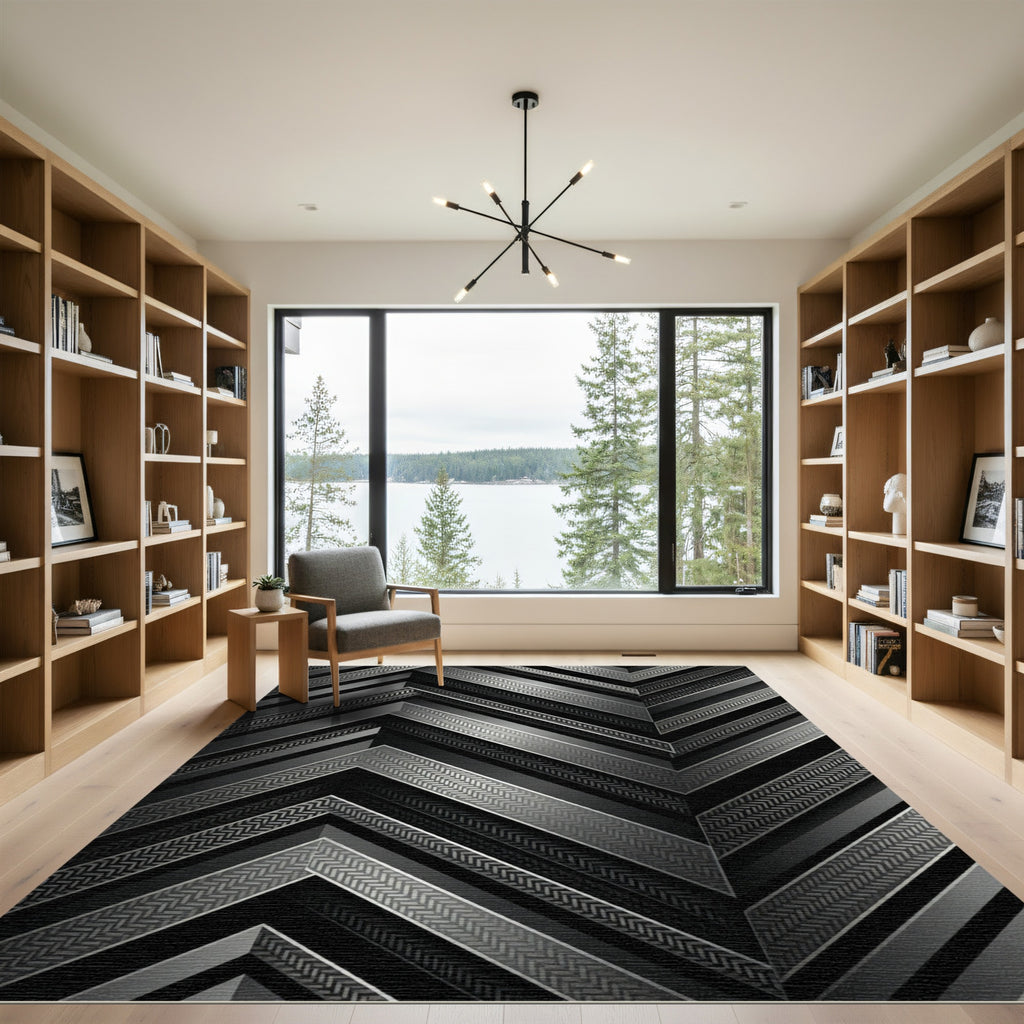 Metallic Charcoal Chevron Geometric Rug