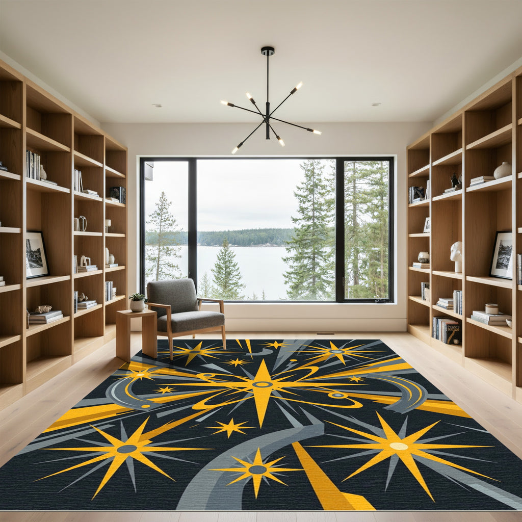 Midcentury Atomic Starburst Gold Celestial Area Rug