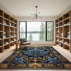 Elegant Blue Acanthus Leaf Gold Filigree Rug