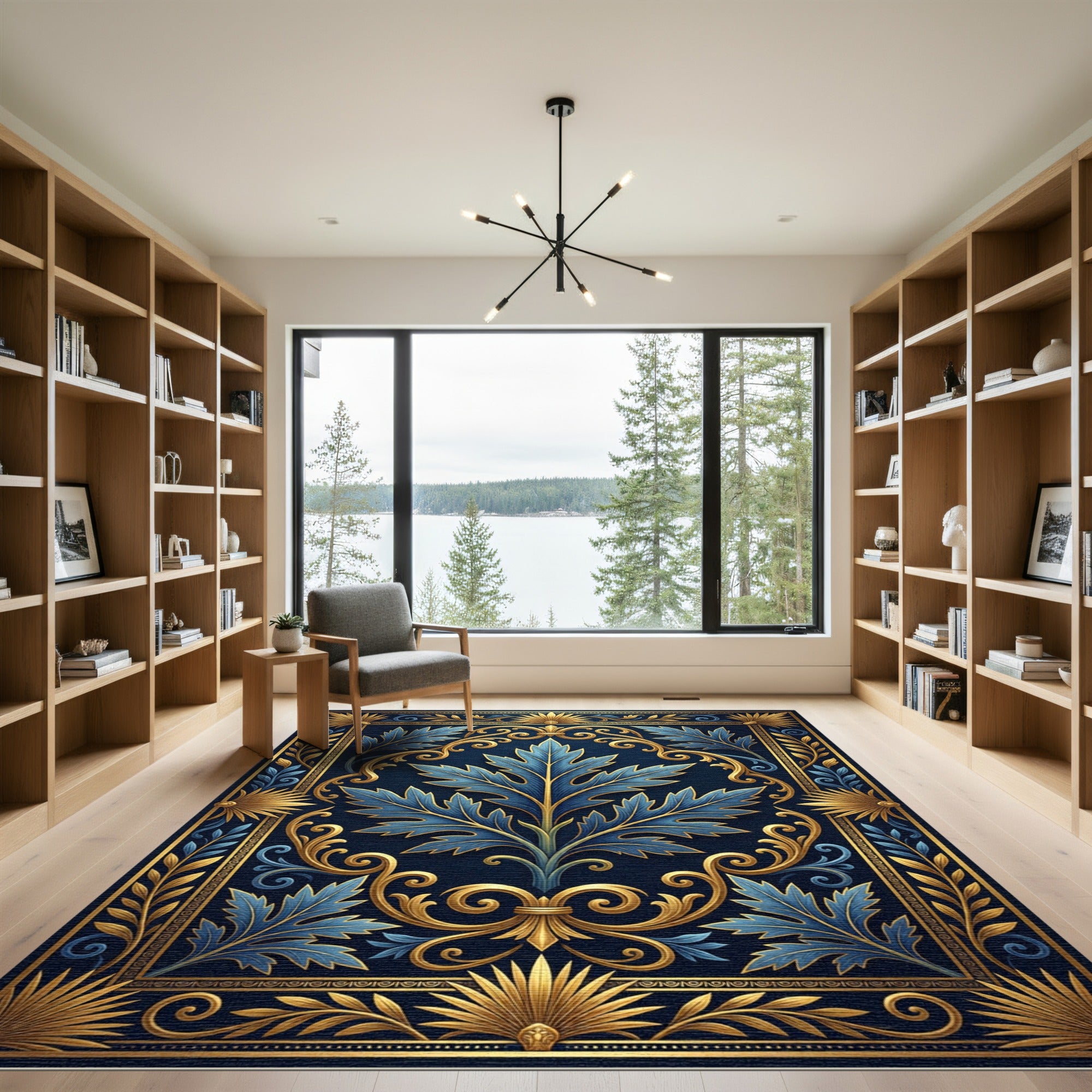 Elegant Blue Acanthus Leaf Gold Filigree Rug