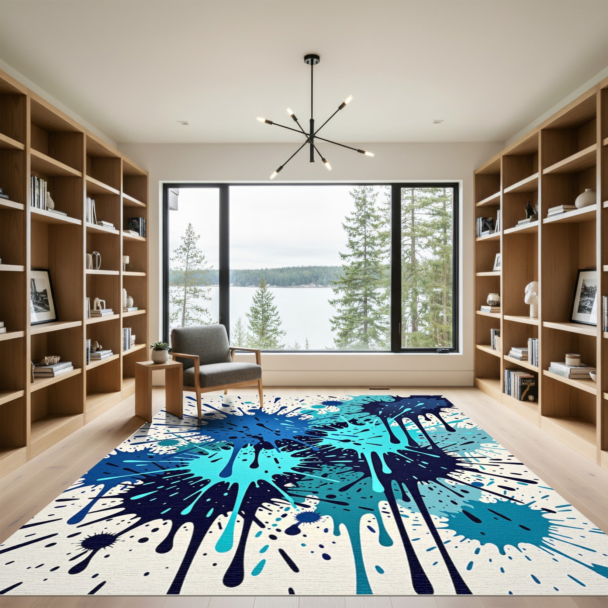 Dynamic Blue Cyan Ink Splatter Artwork Rug
