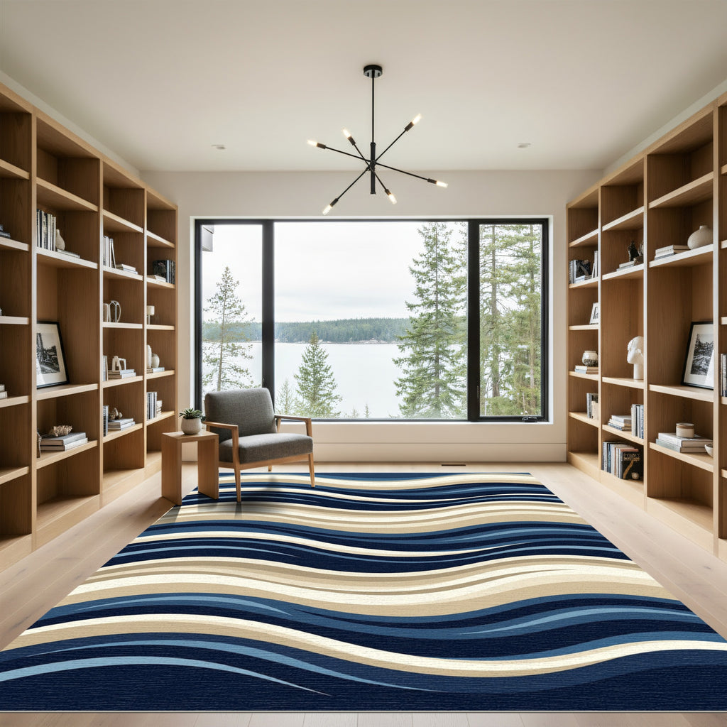 Contemporary Navy and Sand Wavy Stripes Rug