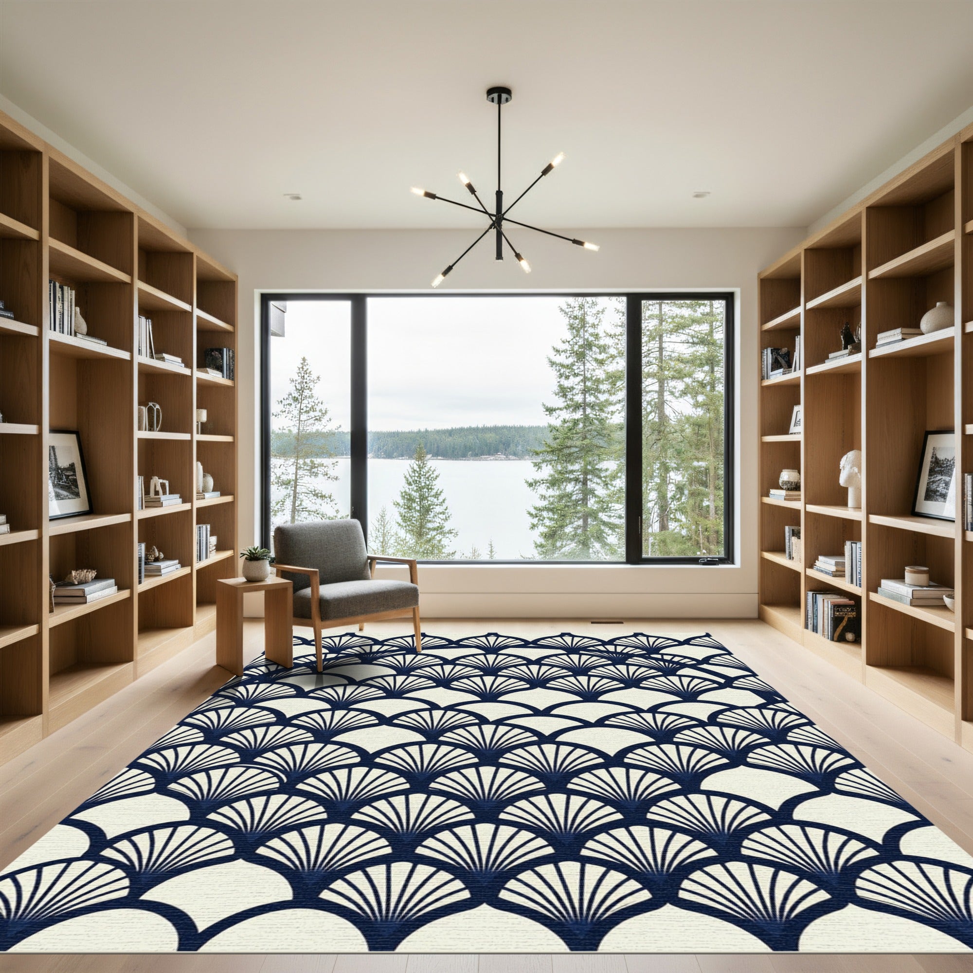 Art Deco Navy Blue Fan Shell Rug