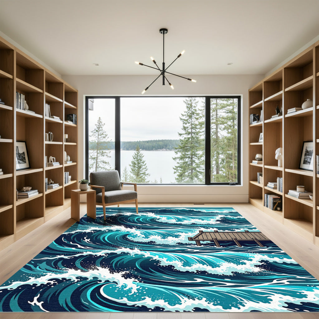 Dramatic Deep Blue Ocean Wave Rug