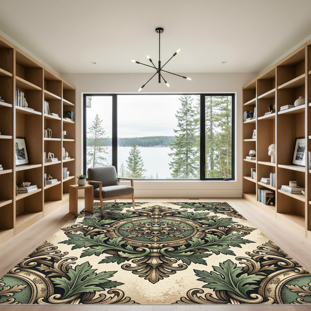 Ornate Sage Green Acanthus Medallion Rug