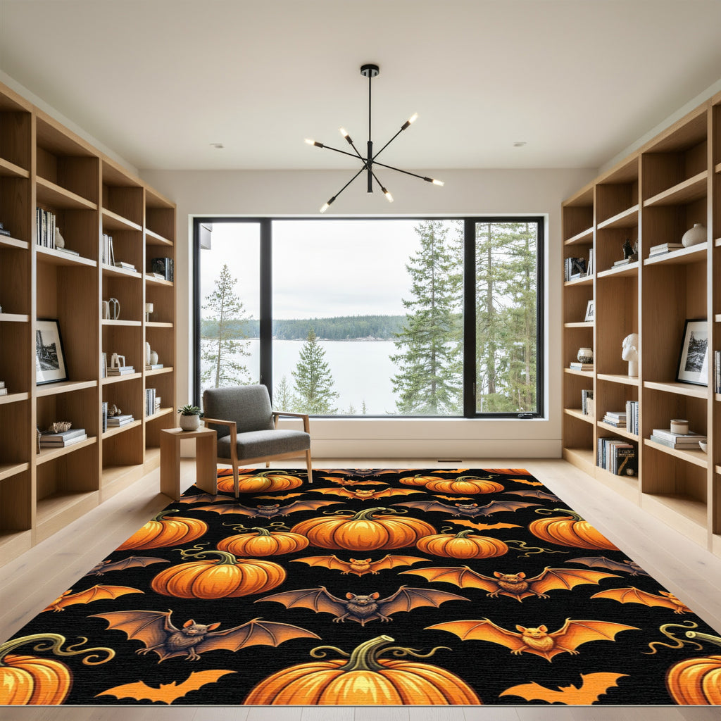 Spooky Pumpkin and Bat Halloween Art Rug